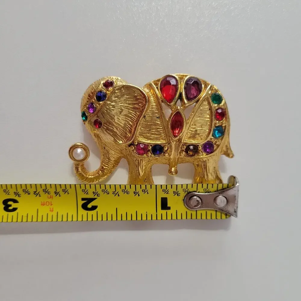 Vintage Elephant Gold Tone Brooch w Multicolor Stones Faux Pearl Mogul Statement